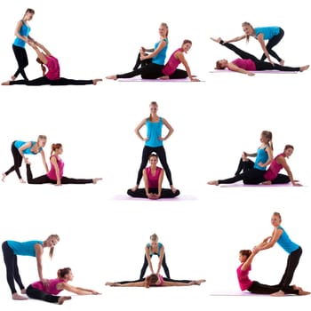 Sport. Photo collection of girl helps her friend to stretch