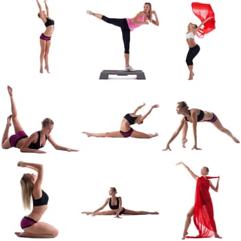 Photo set of girl engaged in aerobics. Isolated on white