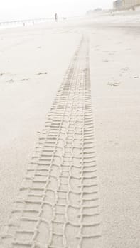 A serene image captures a single tire track delicately etched on the sandy shore, blending human touch with natures beauty in a harmonious display of contrast and tranquility.