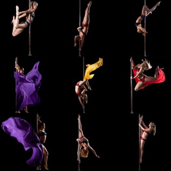 Pole dance. Photo set of flexible girl training on pylon
