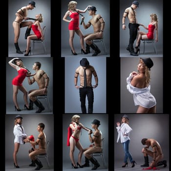 Set of muscular guy and sexy blonde dancing striptease