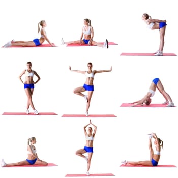 Pilates. Photo mix of blonde girl training on mat