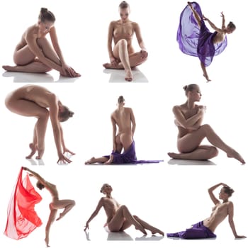Sensuality and grace. Set of nude girl posing during dance