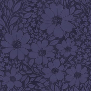 Floral Seamless Pattern of Dark Purple Flowers and Leaves with Texture, Great for Textiles, Surfaces, Wallpapers, Wrapping Papers, Fabrics, Prints, Package Design, Fashion, Beauty Products