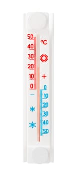 A white thermometer and hygrometer are mounted on a white background.