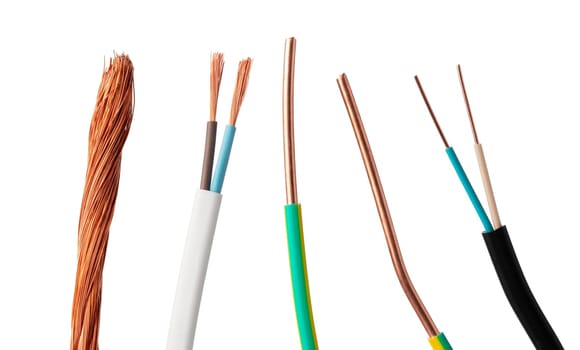 A close-up photo showcasing four different types of electrical wires isolated on a white background.