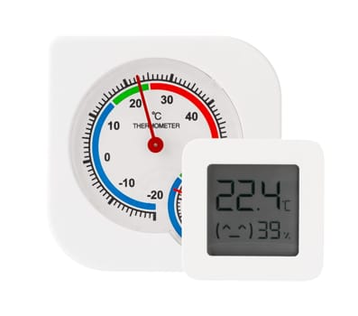 A close-up image of a white digital thermometer displaying the temperature as 22.0 degrees Celsius and the humidity as 39 percent.