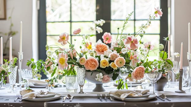 Easter tablescape decoration, floral holiday table decor for family celebration, spring flowers, Easter eggs, Easter bunny and vintage dinnerware, English country and home styling