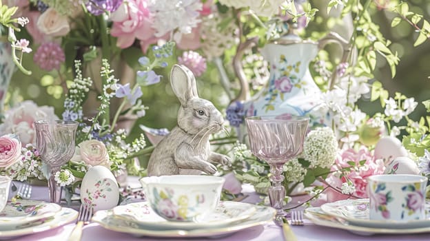 Easter tablescape decoration, floral holiday table decor for family celebration, spring flowers, Easter eggs, Easter bunny and vintage dinnerware, English country and home styling