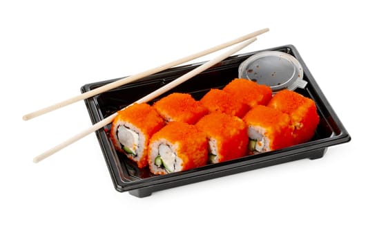 Take out packed sushi roll isolated on white background