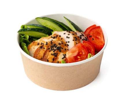 Take out poke bowl isolated on white background close up