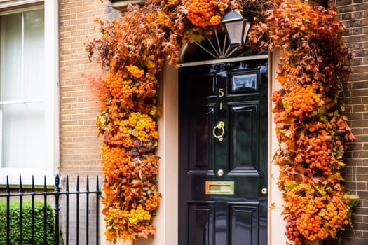 Splendid autumnal decorations on a classic door entrance, welcoming autumnal holiday season, post-processed, generative ai