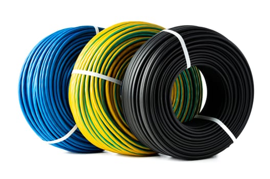 This image shows three rolls of electrical wire, one blue, one black, and one yellow with a green stripe, isolated on a white background