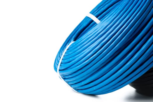 A close-up image of a blue electrical wire spool, isolated on a white background.