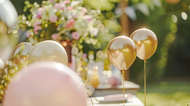 Summer party celebration in the garden, outdoor lounge and countryside house patio decor, English country cottage house design idea