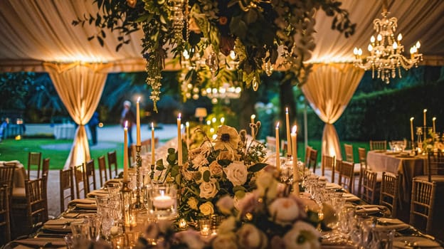 Grand wedding decoration in the country manor, floral decor and event celebration, flowers, wedding aisle and tablescape in the garden, English countryside style idea