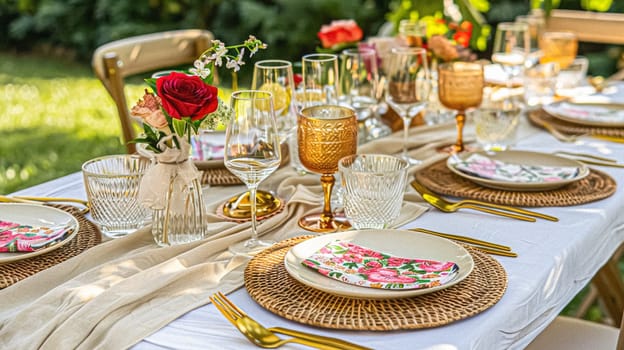 Table decor in a summer garden, holiday tablescape and dinner table setting, formal event decoration for wedding, family celebration, English country and home styling idea