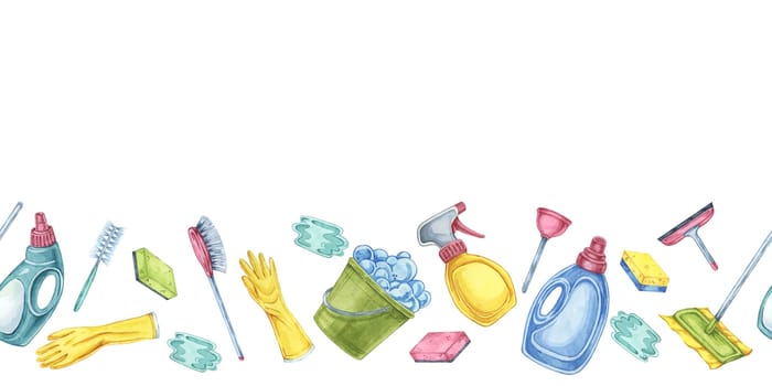 Cleaning toolkit seamless border. Watercolor banner clipart for cleaning services, housekeeping businesses, digital content, classroom posters, brochures, social media, promotional flyers