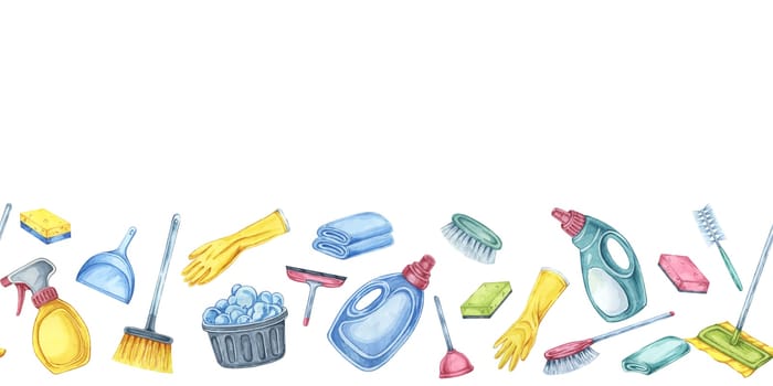 Cleaning toolkit seamless border. Watercolor banner clipart for cleaning services, housekeeping businesses, digital content, classroom posters, brochures, social media, promotional flyers