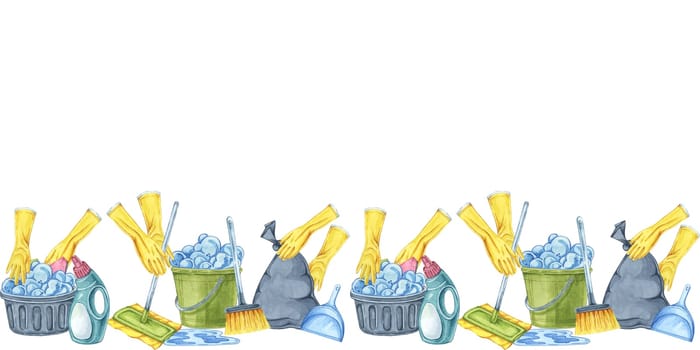 Cleaning scene with hands in yellow rubber gloves. Watercolor seamless border. Dynamic clipart for cleaning services, housekeeping businesses, digital content, website banners, promotional flyers