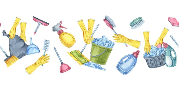 Cleaning essentials seamless border. Watercolor banner clipart for janitorial services, housekeeping businesses, digital content, classroom posters, brochures, social media, promotional flyers