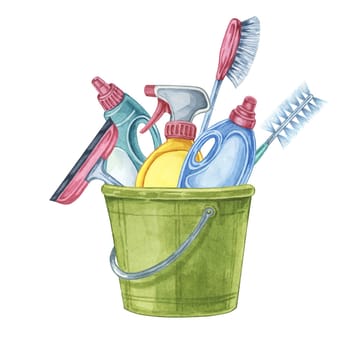 A green bucket brimming with cleaning essentials like spray bottles, brushes, and a window squeegee. Perfect for illustrating housekeeping manuals, DIY cleaning projects, and home organization blogs