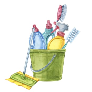 A green bucket with cleaning items including a detergent, spray bottle, brush, and mop head. Watercolor clipart for home care guides, spring cleaning checklists, or janitorial service advertisements