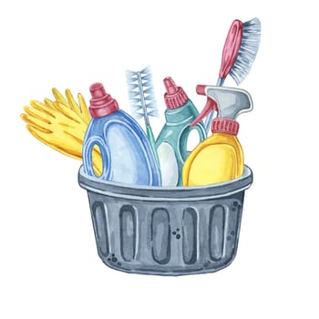 A black basket holding cleaning tools like gloves, spray bottles, and brushes. Watercolor clipart for household cleaning blogs, product packaging design, service advertisements for cleaning businesses