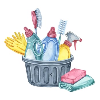 A black basket with cleaning supplies like gloves, spray bottles, cloths, and sponges. Watercolor clipart for illustrating cleaning tutorials, product catalogues, and seasonal cleaning campaign posters.