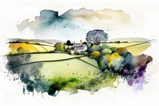 Fine art watercolour painting of the English countryside landscape, romantic nature evoking a sense of tranquility and natural beauty, printable art design idea