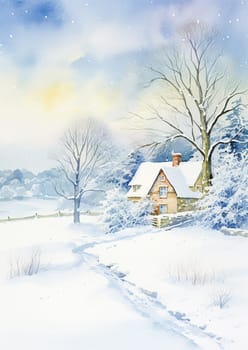 Watercolour printable winter countryside art print, English country cottage and snow, Christmas holiday, thank you and Happy Holidays diy greeting card design