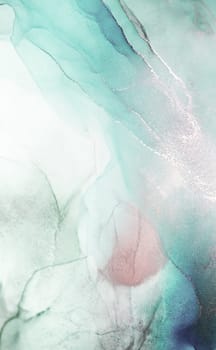 A close-up of an abstract watercolor painting featuring a blend of mint green, silver, and white colors. The fluid, organic shapes create a dynamic and ethereal effect.