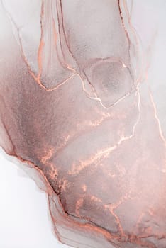 A close-up image of an abstract art piece featuring swirling patterns in shades of rose gold and white.
