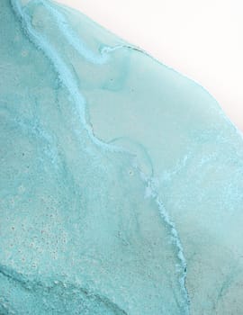 A close-up image of an abstract watercolor painting with teal swirls and veins against a white background.