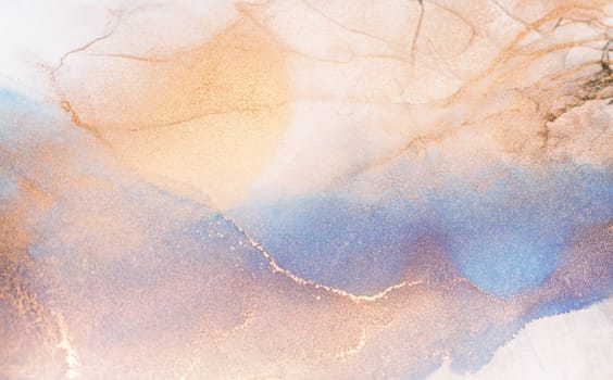 A close-up shot of an abstract watercolor painting featuring shades of blue, pink, and gold. The vibrant colors blend together seamlessly, creating a captivating and dreamy effect.