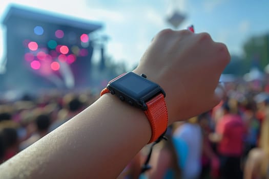 This image shows a persons wrist wearing a black and orange smartwatch. The watch is in focus and the background is blurred. The person is likely at a music festival, as the background shows a stage with lights and a crowd of people.