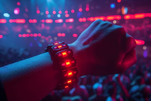 A close-up image of a persons hand wearing a red LED wristband at a nightclub party. The wristband is lit up, and the persons hand is in a fist. The background is blurred, showing a crowd of people dancing and a stage with lights.