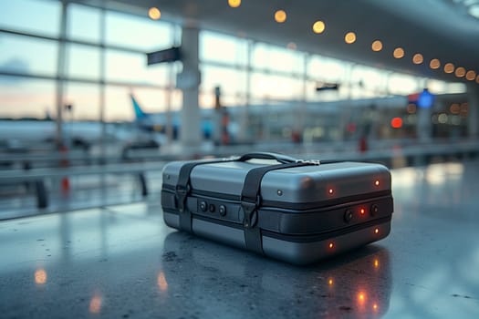 A silver suitcase with red lights sits on a counter in an airport. The suitcase is closed and appears to be empty. The background is a blurry view of an airport terminal with windows and some lights.