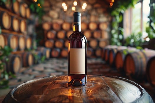 A single bottle of wine sits on top of a wooden barrel in a winery. The bottle is in focus, with the barrel and surrounding barrels blurred in the background. The winery is dimly lit, with light coming in from a window behind the barrels.