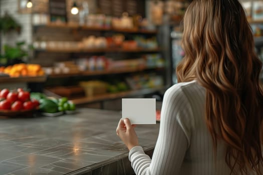 This image features a woman sitting at a table in a cafe, holding a blank card in her hand. She is facing away from the camera, and her long brown hair is cascading down her back. The cafe is out of focus, but we can see a counter in the background with a variety of produce displayed. The image is well-lit and captures the relaxed atmosphere of a cafe.