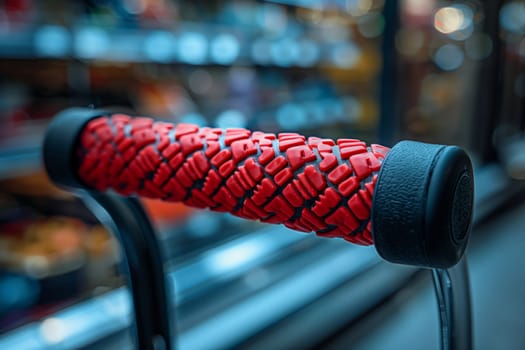 This image shows a close-up of a red and black bicycle handlebar grip. The grip has a textured surface with a tread-like design. It is likely a new grip, as it is clean and free of any wear or tear. The background is blurred, but it appears to be a retail environment.