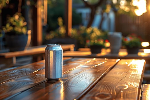 A single aluminum can sits on a wooden table in the warm glow of the setting sun. The can is slightly out of focus, suggesting a relaxed, casual atmosphere. The background features a blurred view of a patio setting with lush greenery. The golden light casting long shadows adds to the feeling of a tranquil evening.
