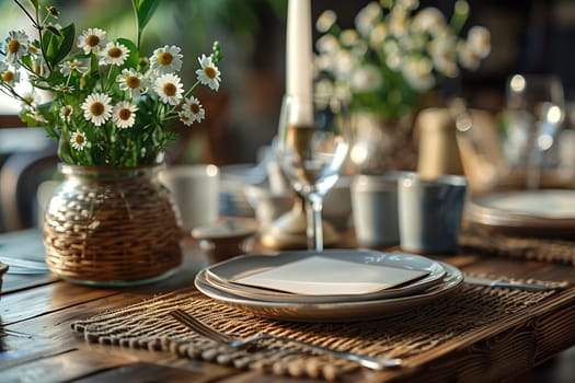 A close-up image captures a rustic table setting with natural elements. White daisies in a woven vase add a touch of elegance to the scene. A wooden table with a woven placemat and stacked plates creates a warm and inviting atmosphere. The image suggests a simple yet sophisticated dining experience.