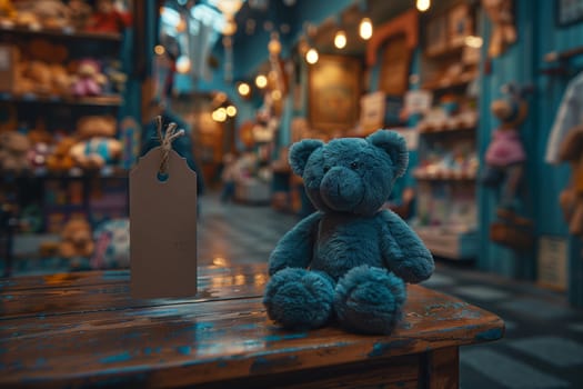 A blue teddy bear is sitting on a wooden table in a toy shop. The bear is plush and has a friendly face. The table is old and worn, and the background is blurred, showing shelves of other toys.