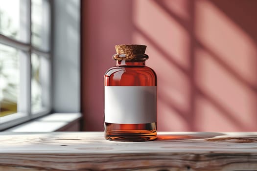 A glass bottle with a cork stopper sits on a wooden table near a window. The bottle is filled with a clear liquid and has a white label on the front. The bottle is illuminated by sunlight streaming through the window.