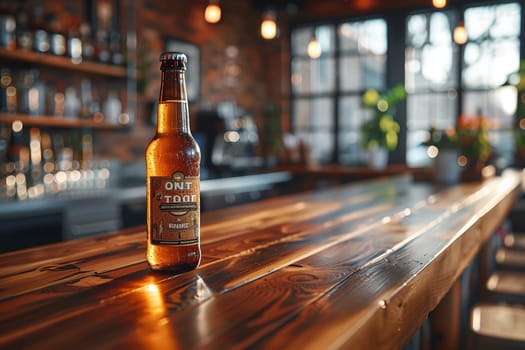 A single bottle of beer sits on a wooden bar counter in a bar setting. The bottle is condensation-covered and the label is visible. The background is blurred and includes a window with a view of the outdoors.