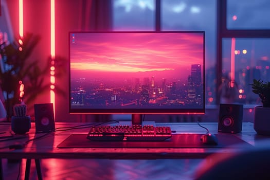 A computer monitor with a sunset over a city skyline wallpaper is displayed on a wooden desk in a dimly lit room. The desktop has a keyboard, mouse, and speakers on it.