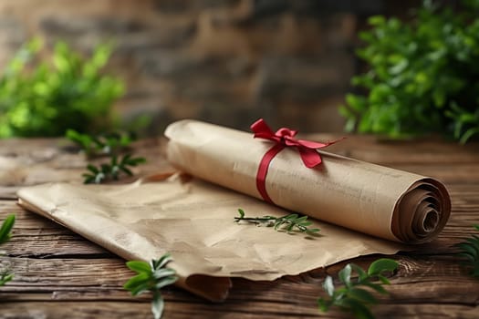 A rolled parchment with a red ribbon tied around it sits on a rustic wooden table. The parchment is partially unrolled and the paper is crinkled, giving it a vintage feel. There are green leaves in the background, adding a touch of nature to the image.