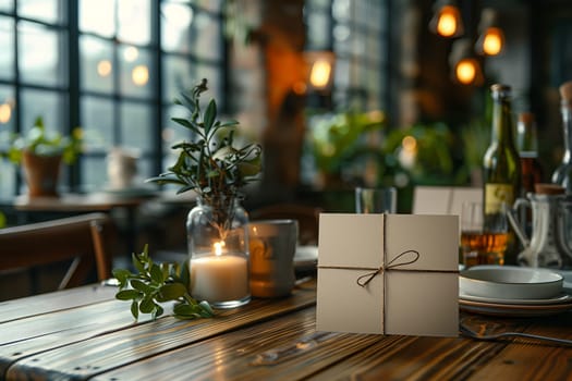 A rustic table setting featuring a wooden table, greenery in a glass vase, a lit candle, and a place card tied with twine. The background is blurred and features a window with a view of the outside world. The image evokes a sense of warmth and intimacy, perfect for a special occasion or a romantic dinner.