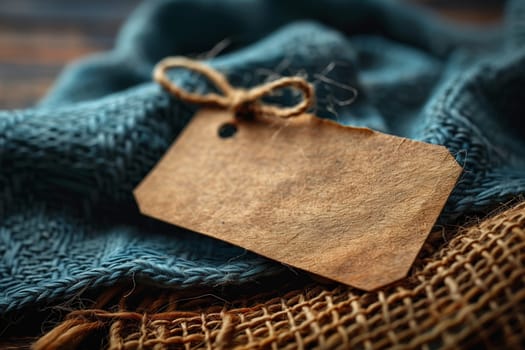 A close-up image of a blank, brown tag tied with twine on top of a blue fabric and brown burlap. The tag is the main focus of the image and is in sharp focus, while the fabric is blurred in the background. The image evokes a rustic and simple aesthetic.